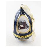Mr. Christmas Blue Porcelain Hinged Egg Ornament with Church Scene