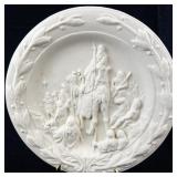 Vintage White Bisque Relief Plate with Nativity Scene and Plate Stand