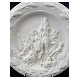 Vintage White Bisque Relief Plate with Nativity Scene and Plate Stand