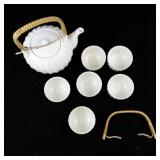 White Porcelain Teapot with 6 Matching Cups and Removable Bamboo Handle