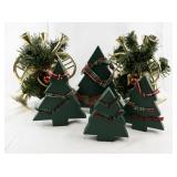 Set of 4 Wooden Christmas Tree Decorations and 2 Gold Tone Garland Trumpet Candlestick Holders