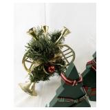 Set of 4 Wooden Christmas Tree Decorations and 2 Gold Tone Garland Trumpet Candlestick Holders