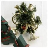 Set of 4 Wooden Christmas Tree Decorations and 2 Gold Tone Garland Trumpet Candlestick Holders