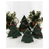 Set of 4 Wooden Christmas Tree Decorations and 2 Gold Tone Garland Trumpet Candlestick Holders