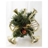 Set of 4 Wooden Christmas Tree Decorations and 2 Gold Tone Garland Trumpet Candlestick Holders