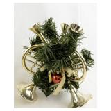 Set of 4 Wooden Christmas Tree Decorations and 2 Gold Tone Garland Trumpet Candlestick Holders