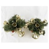 Set of 4 Wooden Christmas Tree Decorations and 2 Gold Tone Garland Trumpet Candlestick Holders