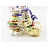 Set of 2 Glass Old World Christmas Easter Ornaments Bunny and Chick with Ribbons