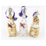 Set of 3 Old World Christmas Glass Bunny Rabbit Ornaments with Purple Ribbon