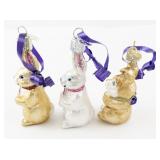 Set of 3 Old World Christmas Glass Bunny Rabbit Ornaments with Purple Ribbon
