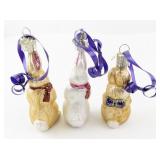 Set of 3 Old World Christmas Glass Bunny Rabbit Ornaments with Purple Ribbon