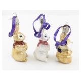 Set of 3 Old World Christmas Glass Bunny Rabbit Ornaments with Purple Ribbon