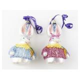 Pair of Vintage Old World Christmas Glass Bunny Christmas Ornaments with Sweaters