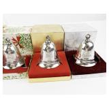 Set of 4 Silver-Plated Christmas Bell Ornaments with Boxes, 1984-1987