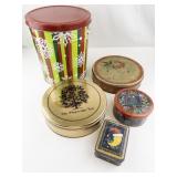 Set of 5 Holiday and Vintage Decorative Metal Tins