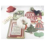 Assorted Christmas Holiday Decor Lot with Signs, Santa Hat, and Wreath