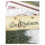 Assorted Christmas Holiday Decor Lot with Signs, Santa Hat, and Wreath