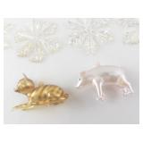 Set of 5 Snowflake Ornaments with Cat and Pig Figurines