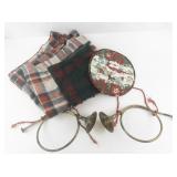 Holiday Lot with Brass Bugle Horns, Plaid Table Linens, and Christmas Potholder
