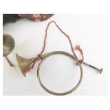 Holiday Lot with Brass Bugle Horns, Plaid Table Linens, and Christmas Potholder
