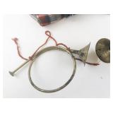 Holiday Lot with Brass Bugle Horns, Plaid Table Linens, and Christmas Potholder