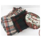 Holiday Lot with Brass Bugle Horns, Plaid Table Linens, and Christmas Potholder