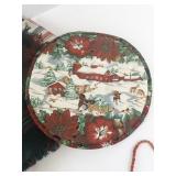 Holiday Lot with Brass Bugle Horns, Plaid Table Linens, and Christmas Potholder