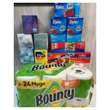 Household Storage and Paper Goods Collection with Ziploc Bags, Bounty Towels, Kleenex and Hefty Sliders