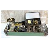 Assorted Cabinet Hinges and Hardware Lot in Metal Tray