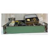 Assorted Cabinet Hinges and Hardware Lot in Metal Tray