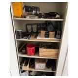 Cabinet of Mixed Industrial Parts Including Oil Filters, Pistons, Bearings, and Hardware