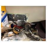 Cabinet of Mixed Industrial Parts Including Oil Filters, Pistons, Bearings, and Hardware