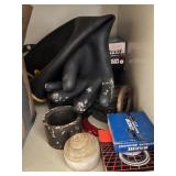 Cabinet of Mixed Industrial Parts Including Oil Filters, Pistons, Bearings, and Hardware