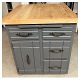 Rolling Gray Wood Kitchen Island Cabinet with Drawers and Wood Top