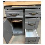 Rolling Gray Wood Kitchen Island Cabinet with Drawers and Wood Top