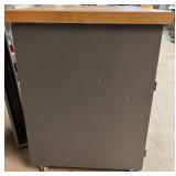 Rolling Gray Wood Kitchen Island Cabinet with Drawers and Wood Top