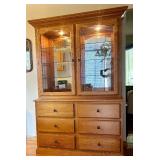 Oak China Hutch with Glass Doors and Six Drawers