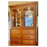 Oak China Hutch with Glass Doors and Six Drawers