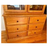 Oak China Hutch with Glass Doors and Six Drawers