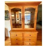 Oak China Hutch with Glass Doors and Six Drawers
