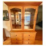 Oak China Hutch with Glass Doors and Six Drawers