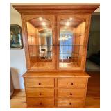 Oak China Hutch with Glass Doors and Six Drawers