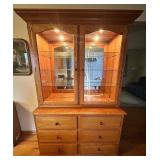 Oak China Hutch with Glass Doors and Six Drawers