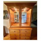 Oak China Hutch with Glass Doors and Six Drawers