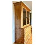 Oak China Hutch with Glass Doors and Six Drawers