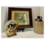Framed Duck Photo, Knowles Collector Plate, and Stoneware Jug Collection