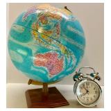 Vintage World Globe on Wooden Stand and Sterling & Noble Alarm Clock