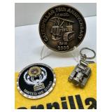 Caterpillar Collectibles Lot: Wall Clock, Mugs, Keychains, Medallions, and Memorabilia