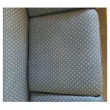 Blue Upholstered Sofa, Chair, and Ottoman Set with Skirted Detailing and Area rug