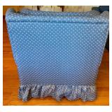 Blue Upholstered Sofa, Chair, and Ottoman Set with Skirted Detailing and Area rug